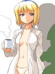  alice_margatroid blonde_hair blouse blue_eyes breasts coffee_mug cup gundam hairband highres medium_breasts mono_(moiky) mug naked_shirt navel panties shirt short_hair silhouette smile solo standing tareme touhou underwear white_blouse zaku 