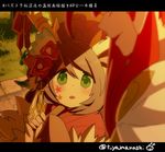  1girl ahoge anime_coloring antlers bad_id bad_pixiv_id bell blurry blush brown_hair depth_of_field facial_mark flower fur_trim grass green_eyes hair_flower hair_ornament hair_up holding horn_ornament horn_ribbon horns japanese_clothes jingle_bell kano_(p&amp;d) kimono long_hair looking_at_another looking_up open_mouth oriental_umbrella outdoors puzzle_&amp;_dragons red_eyes red_hair ribbon short_hair takeminakata_(p&amp;d) translation_request twitter_username umbrella yamanashi_taiki 