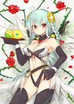 adapted_costume ahoge bare_shoulders black_gloves black_legwear blush braid breasts cleavage collarbone dragon elbow_gloves feathered_wings flower food fruit gloves hair_ornament hair_ribbon hand_on_hip highres holding holding_plate large_breasts lemon lemon_dragon_(p&amp;d) lemon_slice light_valkyrie_(p&amp;d) long_hair mou_tama_maru navel plant plate puzzle_&amp;_dragons red_eyes red_ribbon ribbon rose showgirl_skirt silver_hair solo thighhighs thorns tri_braids valkyrie_(p&amp;d) very_long_hair vines wings 