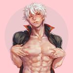 blush gintama hangleing lactation male_focus male_lactation milk muscle nipples open_clothes open_shirt pectorals pink_background realistic red_eyes sakata_gintoki shirt silver_hair simple_background solo white_hair 