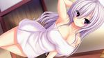  1girl armpits arms_up bare_shoulders blush breasts cleavage collarbone game_cg highres huge_breasts legs long_hair looking_at_viewer purple_eyes purple_hair solo standing syroh thighs towel yakimochi_stream 