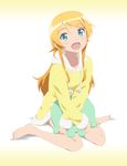  barefoot blue_eyes blush fang gradient gradient_background hair_ornament hairclip highres hood hoodie kousaka_kirino long_hair long_legs looking_at_viewer open_mouth orange_hair ore_no_imouto_ga_konna_ni_kawaii_wake_ga_nai pajamas pom_pom_(clothes) sitting smile_(rz) solo wariza 