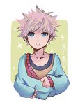  blue_eyes grimmy666666 hunter_x_hunter killua_zoldyck looking_at_viewer male_focus silver_hair solo sparkle sweater white_hair 
