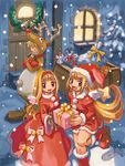  2girls animal_costume annoyed bell blonde_hair blue_eyes boots bow cello_(little_princess) christmas crea_rosenqueen crossed_arms dress earrings flipped_hair gift gloves green_eyes hairband hat highres jewelry knee_boots kururu_(little_princess) ledgem_(rhapsody) little_princess long_hair marl_kingdom multiple_girls official_art red_dress red_skirt reindeer_costume rhapsody ryoji_(nomura_ryouji) santa_hat skirt smile snow standing standing_on_one_leg tears tree wreath 