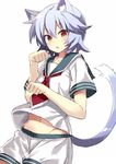  animal_ears blue_hair blush brown_eyes cat_ears cat_tail clenched_hands fang kantai_collection kemonomimi_mode kuhotaka looking_at_viewer midriff navel neckerchief paw_pose sailor_collar school_uniform serafuku short_hair shorts simple_background sketch solo tail tama_(kantai_collection) white_background 