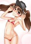  bikini brown_eyes brown_hair double_v flat_chest highres kantai_collection long_hair lowleg lowleg_bikini ryuujou_(kantai_collection) swimsuit twintails v visor_cap wavy_mouth yukisaki_miale 