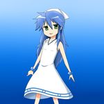  :3 blue_hair bracelet cosplay dress green_eyes hat highres ikamusume ikamusume_(cosplay) izumi_konata jewelry k.u.n.e. look-alike looking_at_viewer lucky_star mole mole_under_eye open_mouth shinryaku!_ikamusume solo squid_hat sundress 