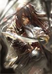  ascot bomb brown_hair cosplay eyepatch gintama hangleing harlock harlock_(cosplay) japanese_clothes katsura_kotarou kimono long_hair male_focus parody scar solo sword uchuu_kaizoku_captain_harlock weapon 