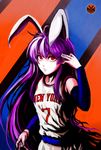  alternate_costume animal_ears bare_shoulders basketball basketball_sleeve basketball_uniform bunny_ears carmelo_anthony elbow_gloves english gloves hand_to_head highres jersey koissa long_hair national_basketball_association new_york_knicks number purple_eyes purple_hair red_eyes reisen_udongein_inaba ringed_eyes shirt shorts solo sportswear touhou very_long_hair wristband 