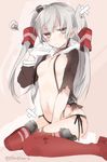  amatsukaze_(kantai_collection) bandaid black_panties breasts brown_eyes dress garter_straps gloves hair_tubes kantai_collection long_hair looking_at_viewer panties sailor_dress silver_hair sino_(sionori) sitting small_breasts solo striped striped_legwear tears thighhighs torn_clothes torn_dress two_side_up underwear wariza white_gloves 