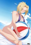  1girl ball beach beachball blonde_hair breasts dkir large_breasts nail_polish naruto ocean sling_bikini swimsuit tsunade 