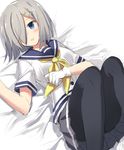  black_legwear blouse blue_eyes gloves grey_skirt hair_ornament hair_over_one_eye hairclip hamakaze_(kantai_collection) kantai_collection knees_together_feet_apart knees_up kuhotaka lying neckerchief on_back pantyhose pleated_skirt sailor_collar school_uniform serafuku short_hair short_sleeves silver_hair skirt solo white_gloves yellow_neckwear 