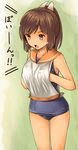  :o aaru_(tenrake_chaya) blush brown_eyes brown_hair cowboy_shot flat_chest hands_on_own_chest highres i-401_(kantai_collection) kantai_collection open_mouth ponytail sailor_collar school_swimsuit short_hair solo sparkle swimsuit swimsuit_under_clothes translated 