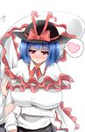  1girl arm_hug blue_hair blush bow breasts frills hat hat_bow heart huge_breasts hydrant_(kasozama) nagae_iku red_eyes shawl short_hair smile spoken_heart touhou white_background 