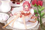  2014 artist_name bangs barefoot blue_eyes blurry cake creamer_(vessel) cup cupping_hands dated depth_of_field dress feet flower food food_themed_hair_ornament hair_ornament highres in_container in_cup kyuri_tizu legs long_hair minigirl original partially_submerged pink_hair red_flower red_rose rose saucer sidelocks sitting sleeveless sleeveless_dress smile solo sparkle sugar_cube tea teacup very_long_hair 