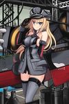  arm_behind_back artist_name bare_shoulders bismarck_(kantai_collection) blonde_hair blue_eyes breasts gloves hand_on_headwear hat kantai_collection large_breasts long_hair looking_at_viewer machinery military military_hat military_uniform no_pants peaked_cap sekigan solo standing thighhighs uniform 