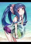  alternate_hairstyle ball beachball blue_hair idolmaster idolmaster_cinderella_girls long_hair nemeko parted_lips ponytail red_eyes sajou_yukimi solo swimsuit 