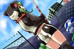  ass bike_shorts black_legwear blush chibikamemon digimon digimon_world_re:digitize from_behind goggles goggles_around_neck green_hair helmet hockey_stick hood hoodie kneehighs long_hair looking_back midriff n36hoko nhoko red_eyes shinomiya_rina thighs turtle turtle_shell 