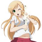  blonde_hair blush breasts chestnut_mouth clothes_writing futsuu_no_joshikousei_ga_locodol_yattemita green_eyes highres kohinata_yukari long_hair mayonnaise medium_breasts messy one_eye_closed open_mouth shirt solo suggestive_fluid t-shirt takeda_yukimura wince 