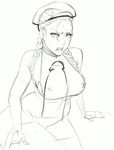  1girl ahoge beret bra braid breastless_clothes breasts cammy_white curvy disembodied_penis hat hetero large_breasts lineart lips lm_(legoman) monochrome nipples penis shelf_bra sketch solo_focus street_fighter sweatdrop thick_thighs thighs twin_braids underwear wide_hips 