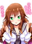  blush braid breasts brown_hair check_translation cleavage gloves green_eyes kantai_collection large_breasts long_hair md5_mismatch noshiro_(kantai_collection) open_mouth school_uniform shinekalta tears translated translation_request twin_braids 