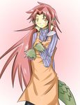  1girl 884449 apron dragon_girl fins granberia long_hair looking_at_viewer mon-musu_quest! monster_girl red_hair tattoo yellow_eyes 