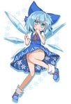  blue_eyes blue_hair blush bow cirno convenient_leg hair_bow highres ice ice_wings jpeg_artifacts no_panties shibainu_kisetsu snowflakes solo touhou wings 