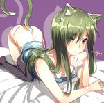  aki663 all_fours animal_ears arched_back arm_support bangs bare_arms bare_shoulders bed_sheet black_eyes black_legwear bottomless breasts cat_ears cat_tail downblouse eyebrows_visible_through_hair eyes_visible_through_hair feet_out_of_frame frown green_hair hair_censor head_rest kagerou_project kido_tsubomi long_hair looking_at_viewer no_bra no_shoes on_bed panties pink_panties purple_background silhouette small_breasts solo strap_slip tail thighhighs underwear 