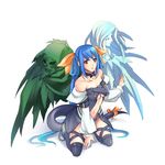  ane-suisei asymmetrical_wings bare_shoulders black_legwear blue_hair breasts choker dizzy guilty_gear hair_ribbon highres kneeling long_hair medium_breasts navel necro_(guilty_gear) red_eyes ribbon skull solo tail tail_ribbon thighhighs twintails underboob undine_(guilty_gear) very_long_hair wings 