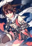  :q bangs black_legwear brown_hair hair_ornament kantai_collection kureaki_(exit) looking_at_viewer red_eyes remodel_(kantai_collection) scarf sendai_(kantai_collection) short_hair smile solo thighhighs tongue tongue_out two_side_up white_scarf 