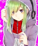  earphones green_hair hood hoodie kagerou_project kido_tsubomi long_hair momongapoketto single_earphone_removed solo 
