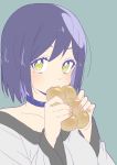  1girl absurdres blush bread choker commentary_request copyright_request donguri_suzume eating fingernails food green_background hands_up highres holding long_sleeves looking_at_viewer mole mole_under_eye nail_polish orange_nails purple_choker purple_hair short_hair simple_background solo upper_body yellow_eyes 