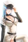  absurdres adjusting_clothes adjusting_hat akame_ga_kill! blue_eyes blue_hair breasts cleavage esdeath hat highres large_breasts long_hair peaked_cap ragecndy solo thighhighs uniform white_legwear 