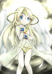  1girl angel_wings blonde_hair blue_eyes child feathers flat_chest goddess ilias jewelry long_hair lots_of_jewelry mon-musu_quest! mon-musu_quest:_paradox smile solo tiara wings younger 