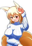  alternate_costume animal_ears arm_up blonde_hair blush breasts cleavage covered_nipples fox_ears fox_tail large_breasts long_sleeves merry_(diameri) multiple_tails open_mouth ribbed_sweater solo sweat sweater tail touhou upper_body yakumo_ran yellow_eyes 
