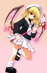  ascot baton blonde_hair cardcaptor_sakura cosplay flandre_scarlet fuuin_no_tsue hat kinomoto_sakura kinomoto_sakura_(cosplay) magical_girl mary_janes misoshiru_(meridianchild312) pink_background red_eyes school_uniform shirt shoes skirt smile solo tomoeda_elementary_school_uniform touhou white_hat wings 