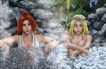  2girls artist_request bathing blonde_hair blue_eyes breasts defense_of_the_ancients dota_2 large_breasts lina_(dota_2) lina_inverse_(dota_2) long_hair multiple_girls nude orange_hair red_hair rylai rylai_crestfall sitting towel tree water 