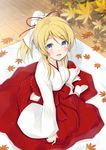  ayase_eli banned_artist blonde_hair blue_eyes blush hakama japanese_clothes leaf looking_at_viewer love_live! love_live!_school_idol_project miko mirai_(macharge) open_mouth ponytail red_hakama short_hair solo 