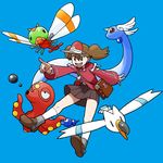  bag blue_background crossover dragonair gen_1_pokemon gen_2_pokemon gen_3_pokemon kantai_collection noumiso octillery open_mouth parody pointing pokemon pokemon_(creature) ryuujou_(kantai_collection) satchel simple_background style_parody twintails visor_cap wingull yanma 