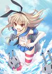  :3 :d anchor blonde_hair blue_skirt brown_eyes cross_(crossryou) elbow_gloves gloves hairband kantai_collection lifebuoy long_hair navel ocean open_mouth rensouhou-chan shimakaze_(kantai_collection) skirt smile striped striped_legwear thighhighs v-shaped_eyebrows white_gloves 