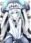  blue_eyes bodysuit cape gloves glowing glowing_eyes hat kantai_collection long_hair looking_at_viewer md5_mismatch pale_skin shinekalta shinkaisei-kan silver_hair solo wo-class_aircraft_carrier 