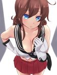  blue_eyes blush braid breasts brown_hair cleavage collarbone gloves highres kantai_collection large_breasts long_hair looking_at_viewer midriff navel noshiro_(kantai_collection) parted_lips skirt solo twin_braids wa_(genryusui) white_gloves 