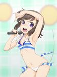  armpits bikini blush bra breasts brown_hair futsuu_no_joshikousei_ga_locodol_yattemita highres microphone navel open_mouth short_hair side-tie_bikini small_breasts solo swimsuit takeda_yukimura underwear untied usami_nanako wardrobe_malfunction 