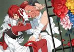  alternate_hair_color bad_end bandages claws dramatical_murder flower fyfyluker hand_in_another's_hair koujaku monster_boy multiple_boys red_hair red_sclera seragaki_aoba spoilers stocks tattoo white_hair 