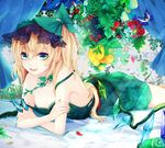  alternate_color alternate_costume bare_shoulders bed blonde_hair bow breasts bug butterfly butterfly_on_hand canopy_bed cleavage collarbone crossed_arms daimaou_ruaeru flandre_scarlet flower food fruit grapes green_eyes green_nails hair_bow highres insect lemon looking_at_viewer lying nail_polish nightgown off_shoulder on_bed on_stomach open_mouth petals raspberry red_flower red_rose rose sash small_breasts smile solo strap_slip touhou wings 