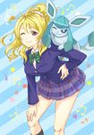  ;) ayase_eli bad_id bad_pixiv_id blazer blonde_hair blue_eyes bow bowtie breasts creature_on_shoulder crossover diagonal_stripes gen_4_pokemon glaceon green_bow green_neckwear hand_on_own_knee jacket large_breasts long_hair long_sleeves looking_at_viewer love_live! love_live!_school_idol_project miloku musical_note one_eye_closed otonokizaka_school_uniform pokemon pokemon_(creature) pokemon_(game) pokemon_dppt ponytail school_uniform scrunchie smile striped striped_background striped_bow striped_neckwear white_scrunchie 