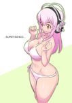  bikini blush breast_squeeze breasts cleavage headphones king_of_unlucky large_breasts long_hair navel nitroplus pink_hair red_eyes smile solo super_sonico swimsuit white_bikini 