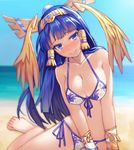  bikini blue_eyes blue_hair blush breasts cleavage day front-tie_top full-face_blush headdress isis_(p&amp;d) kibanda_gohan large_breasts long_hair outdoors puzzle_&amp;_dragons shiny shiny_skin side-tie_bikini solo swimsuit tears 
