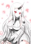  blush breasts claws detached_sleeves dress horn kantai_collection large_breasts long_hair md5_mismatch pale_skin red_eyes ribbed_dress seaport_hime shinekalta shinkaisei-kan short_dress solo very_long_hair white_hair 