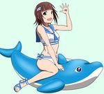  amami_haruka bikini brown_hair green_eyes high_heels highres idolmaster idolmaster_(classic) inflatable_dolphin inflatable_toy midriff navel open_mouth puge sailor_bikini sailor_collar sailor_swimsuit_(idolmaster) sandals short_hair simple_background smile solo strappy_heels swimsuit waving 